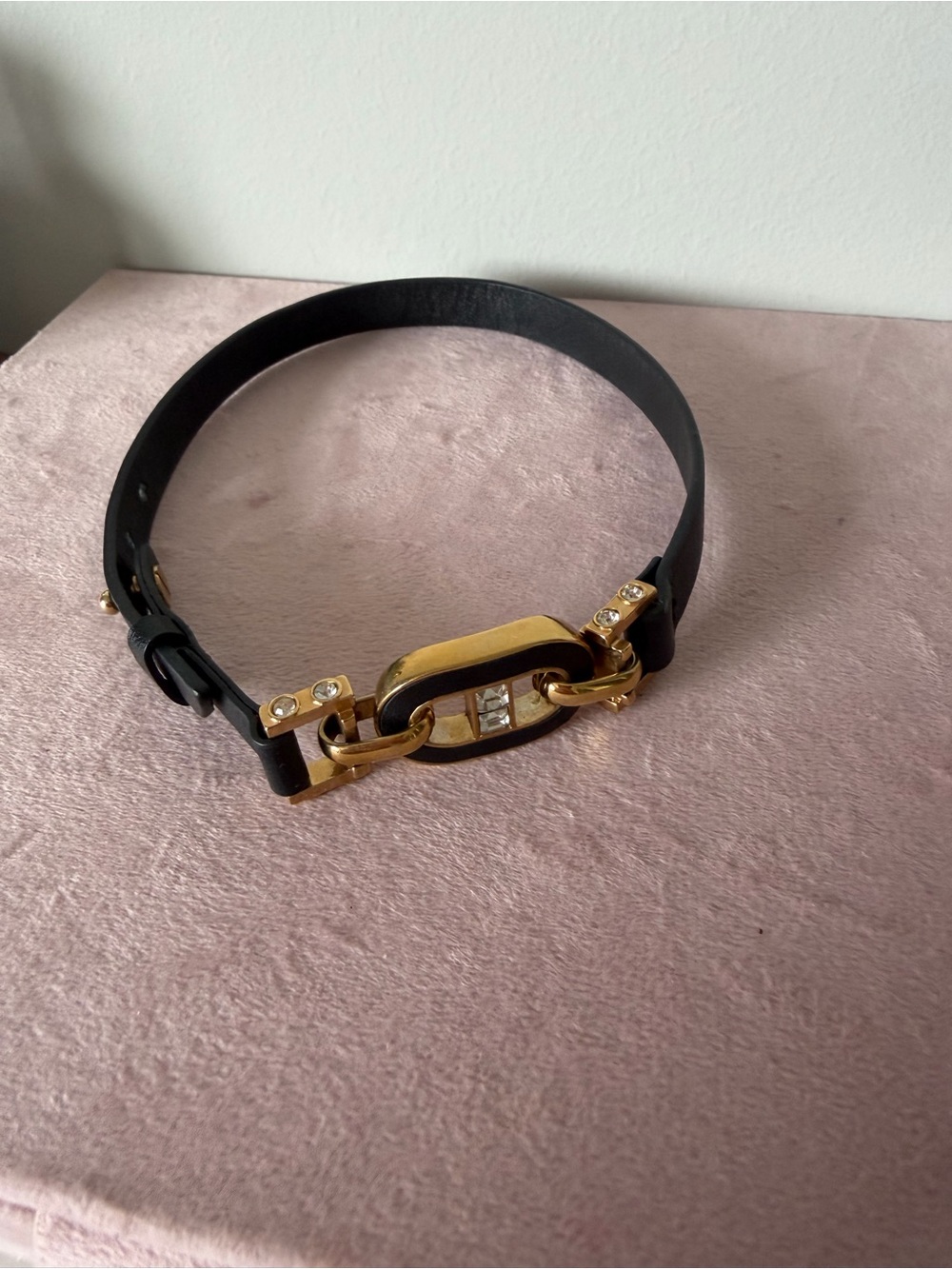 Ann Taylor Black Leather Choker with Gold Crystal Buckle - Women's Accessory